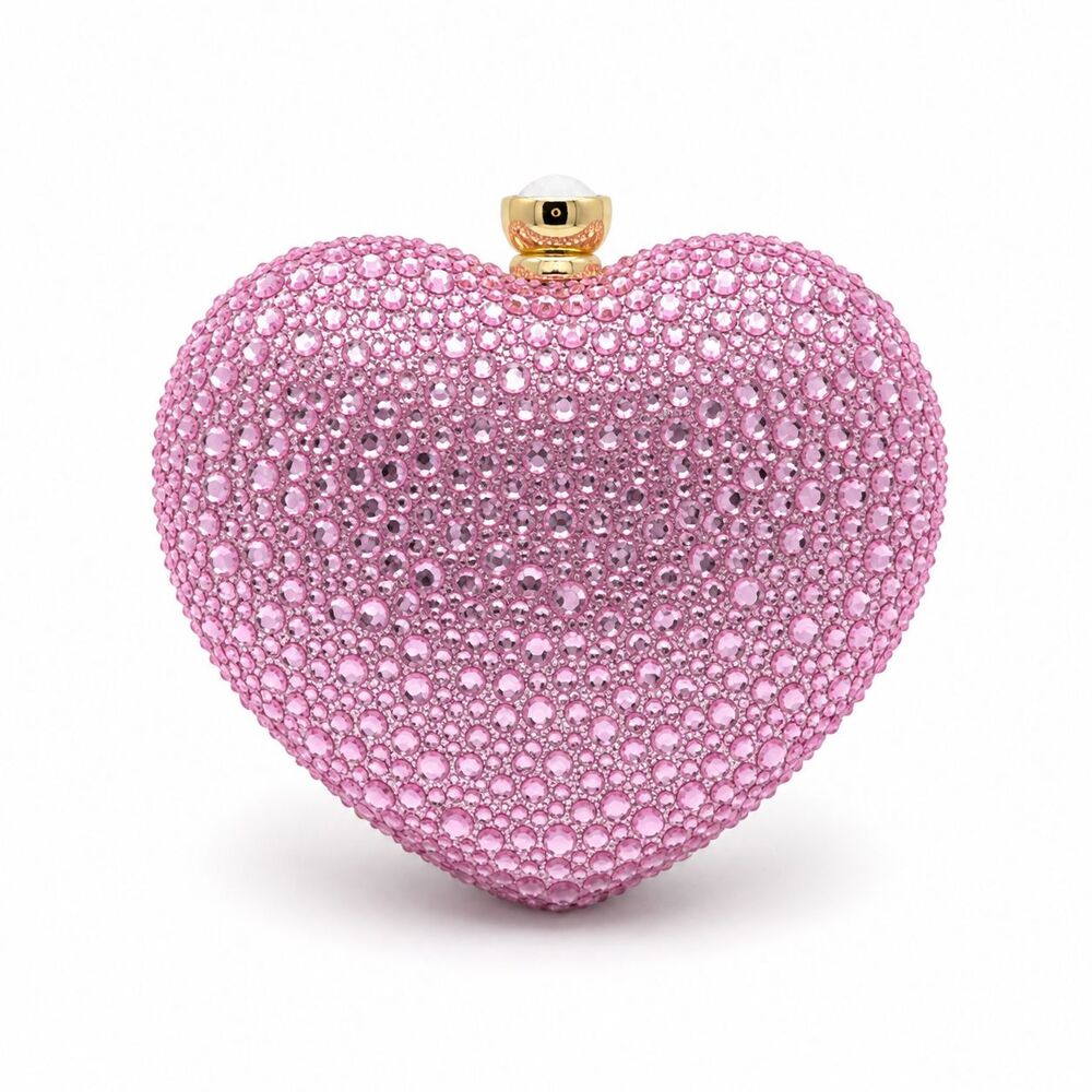 Pink Crystal Heart Clutch Bag Gold Handle Formal Evening Cocktail Purse NEW